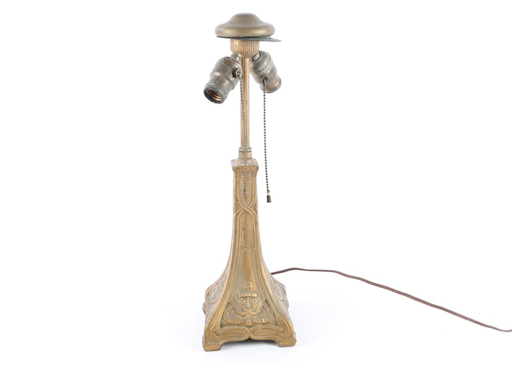 Art Nouveau Reverse Hand Painted Brass Lamp