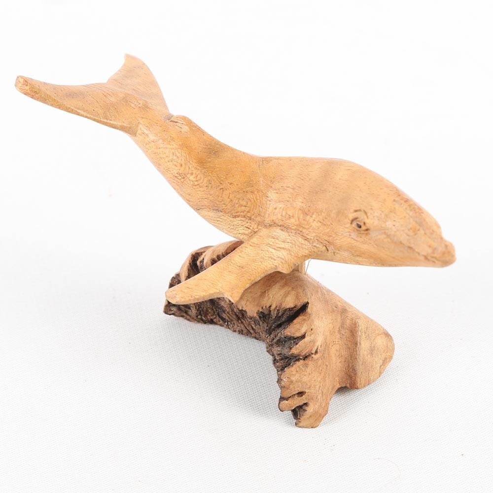 Handcrafted Signed Laurel Wood Bowl with Carved Dolphin