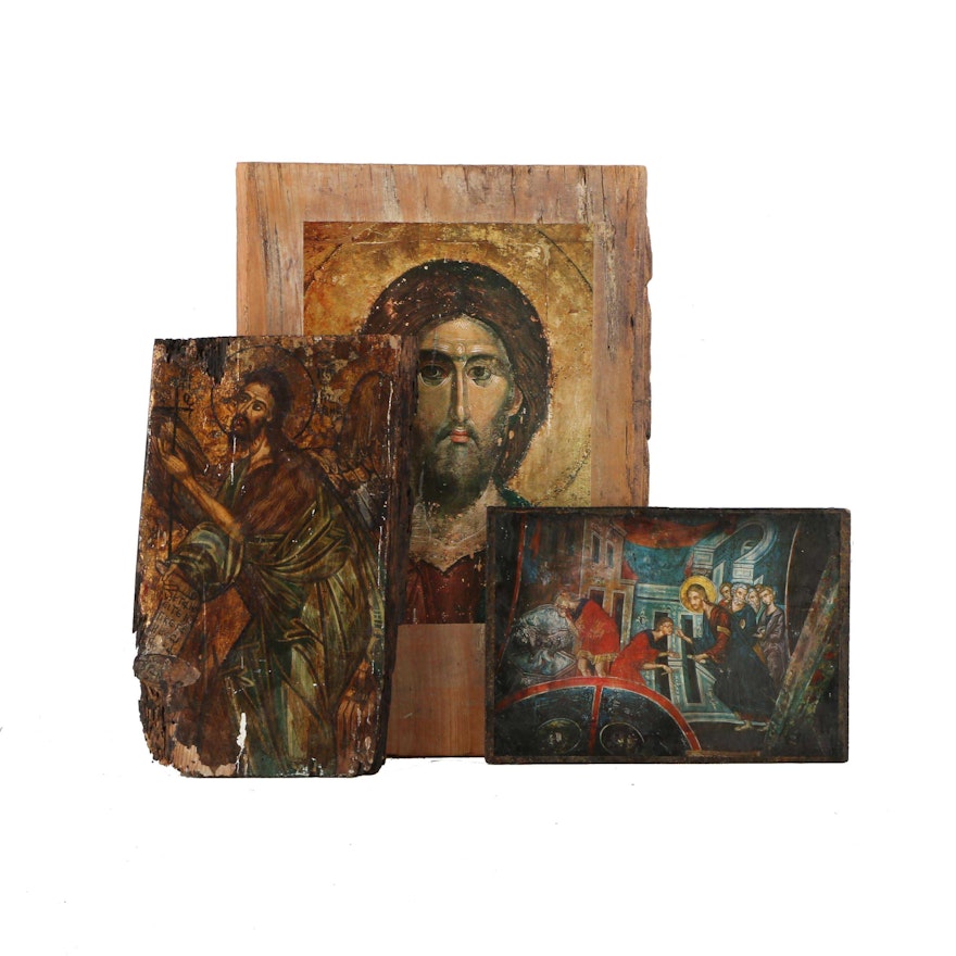 Offset Lithograph and Gouache Religious Icons on Wood Panels
