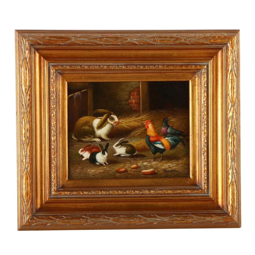Borofsky Oil Painting on Canvas of Rabbits and a Rooster