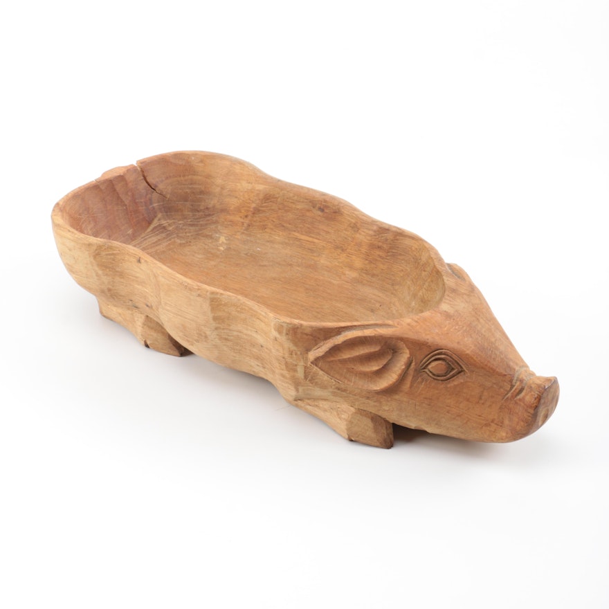Hand-Carved Wooden Pig Bowl