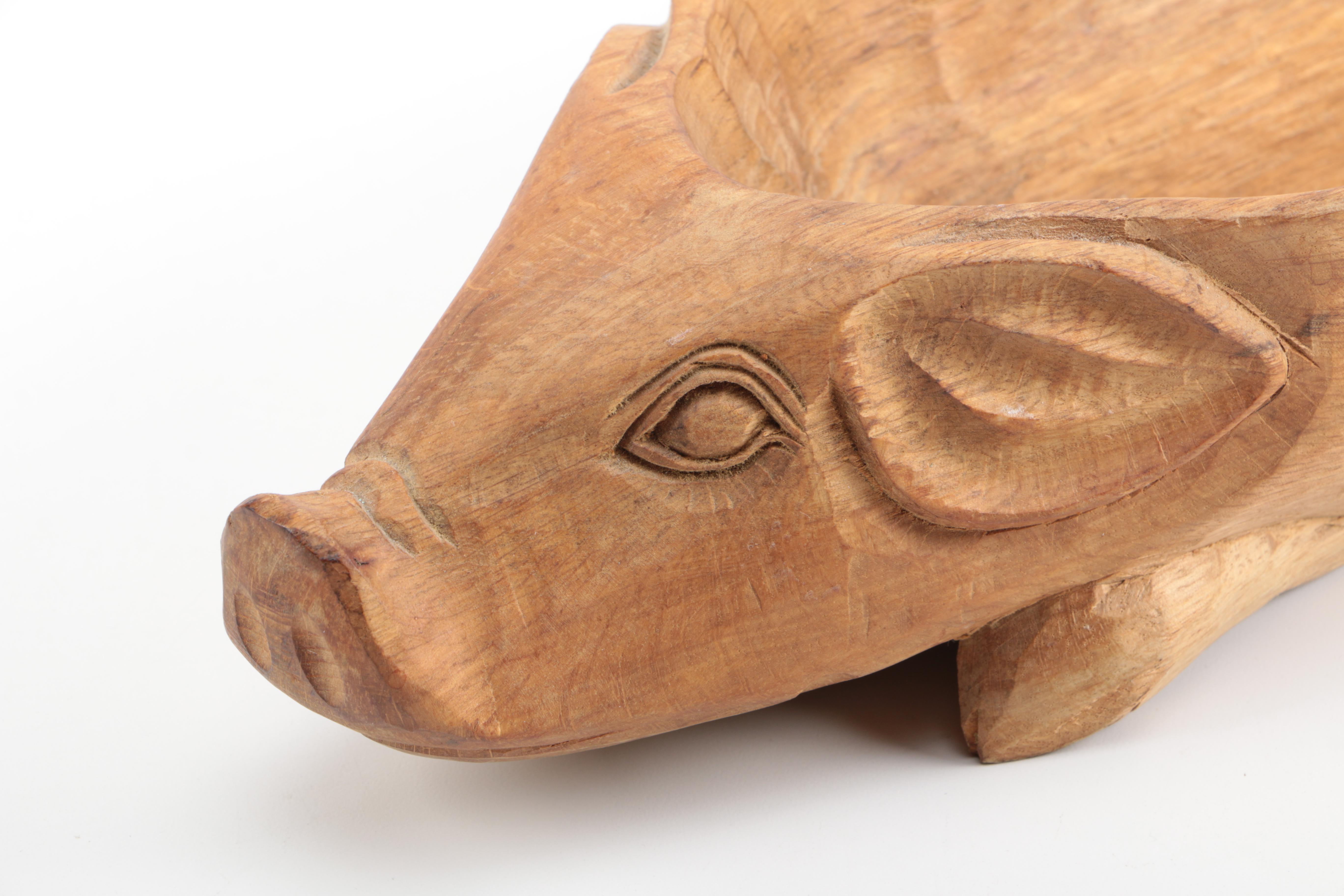 Hand-Carved Wooden Pig Bowl
