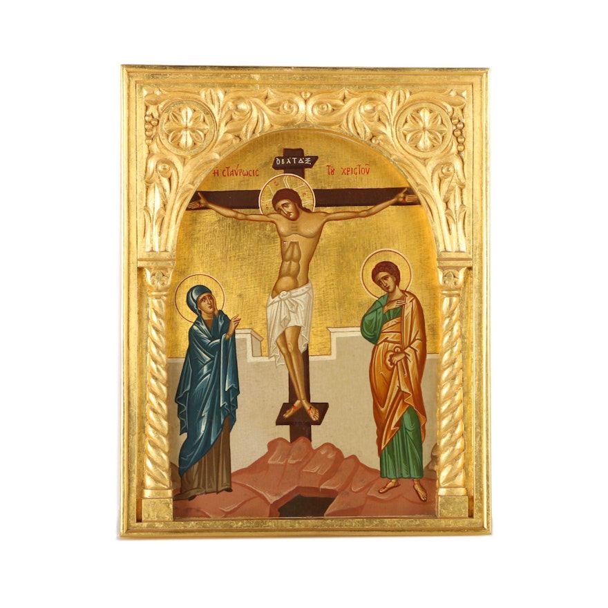 Oil on Panel Copy After Theophanes the Cretan's Orthodox Icon of the Crucifixion
