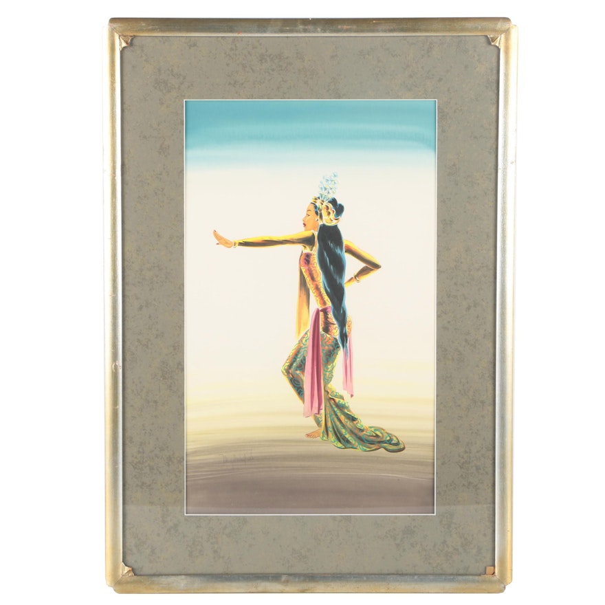 Majel Warfield Mid-Century Watercolor and Gouache Painting "Langee Temple Dancer"
