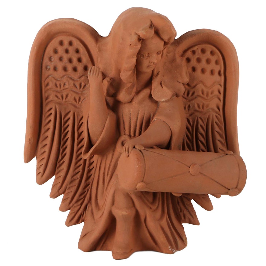 Red Clay Sculpture of Angel Playing a Drum