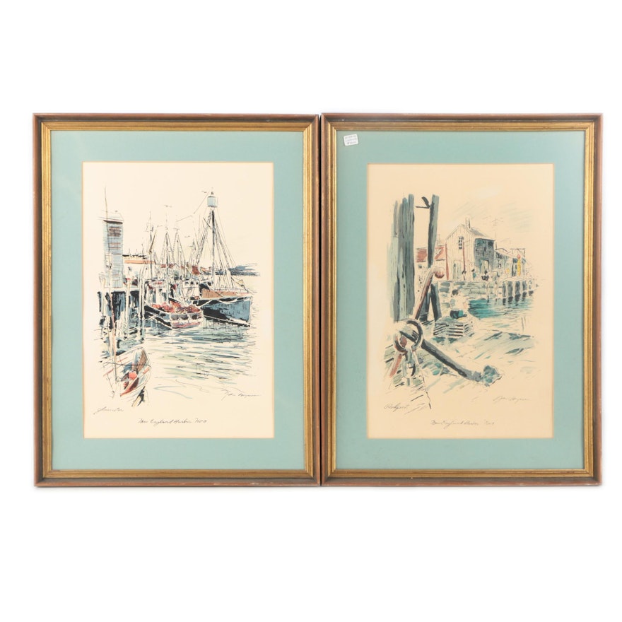 Hand-Tinted Lithographs After John Haymson "New England Harbor No. 3" and "New England Harbor No. 1"