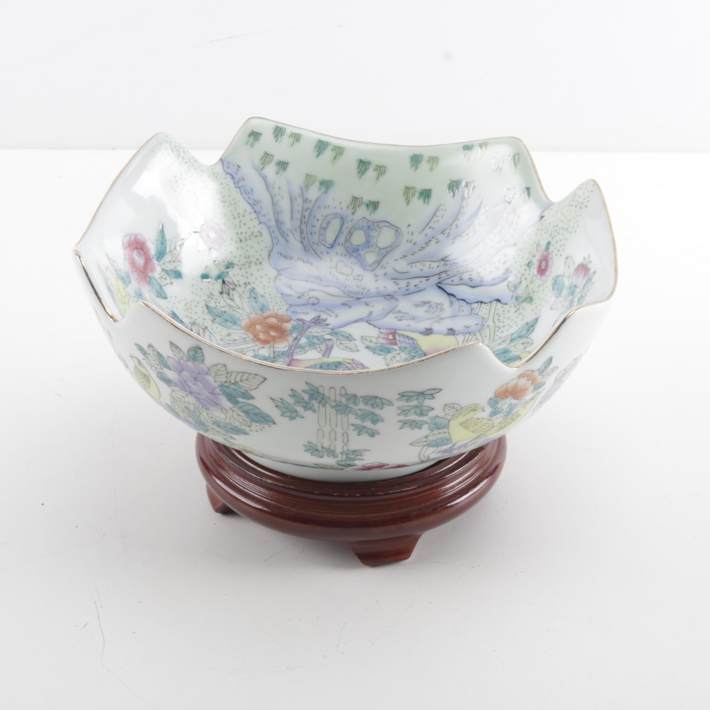 Chinese Ceramic Bird Dish and Wooden Stand