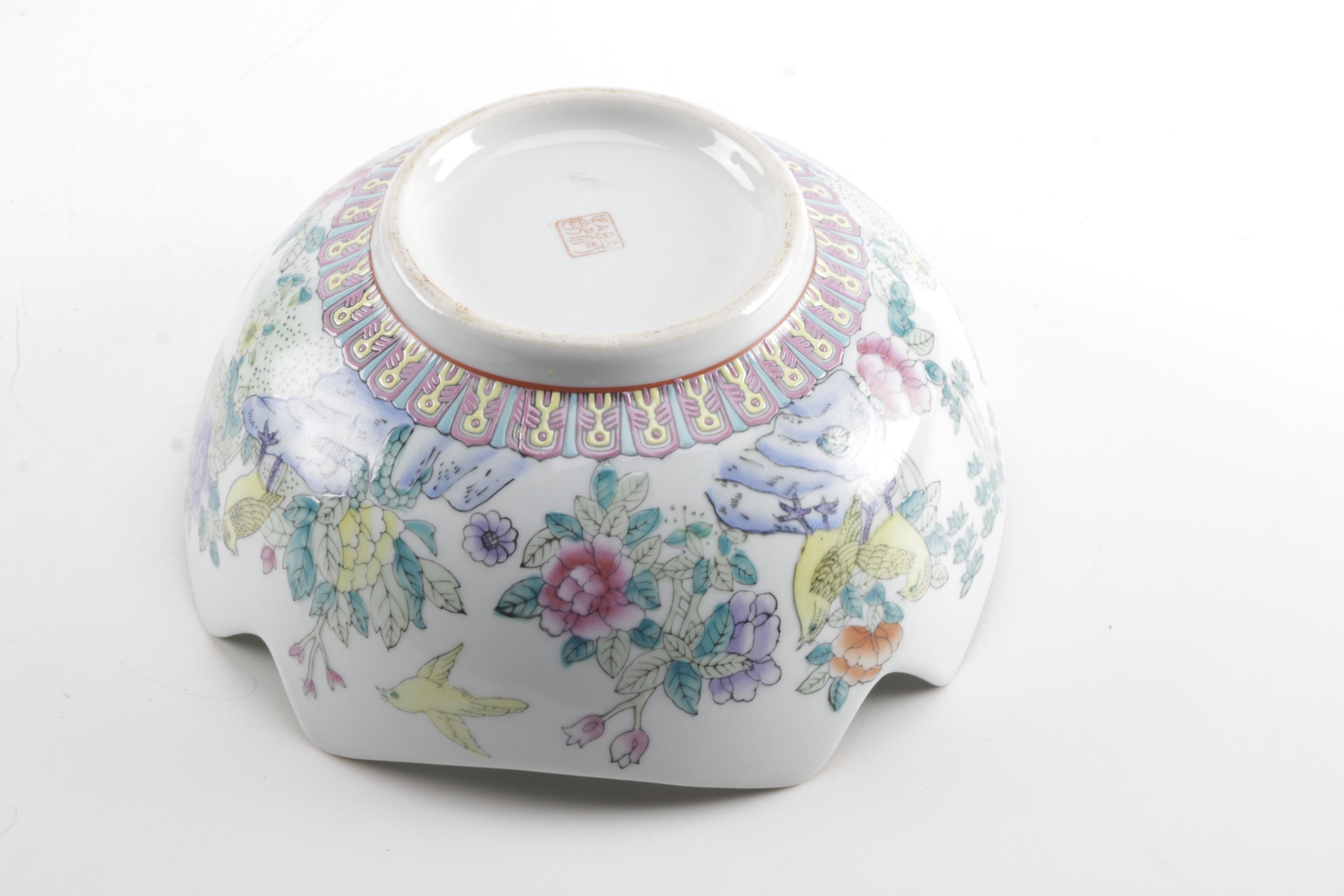 Chinese Ceramic Bird Dish and Wooden Stand