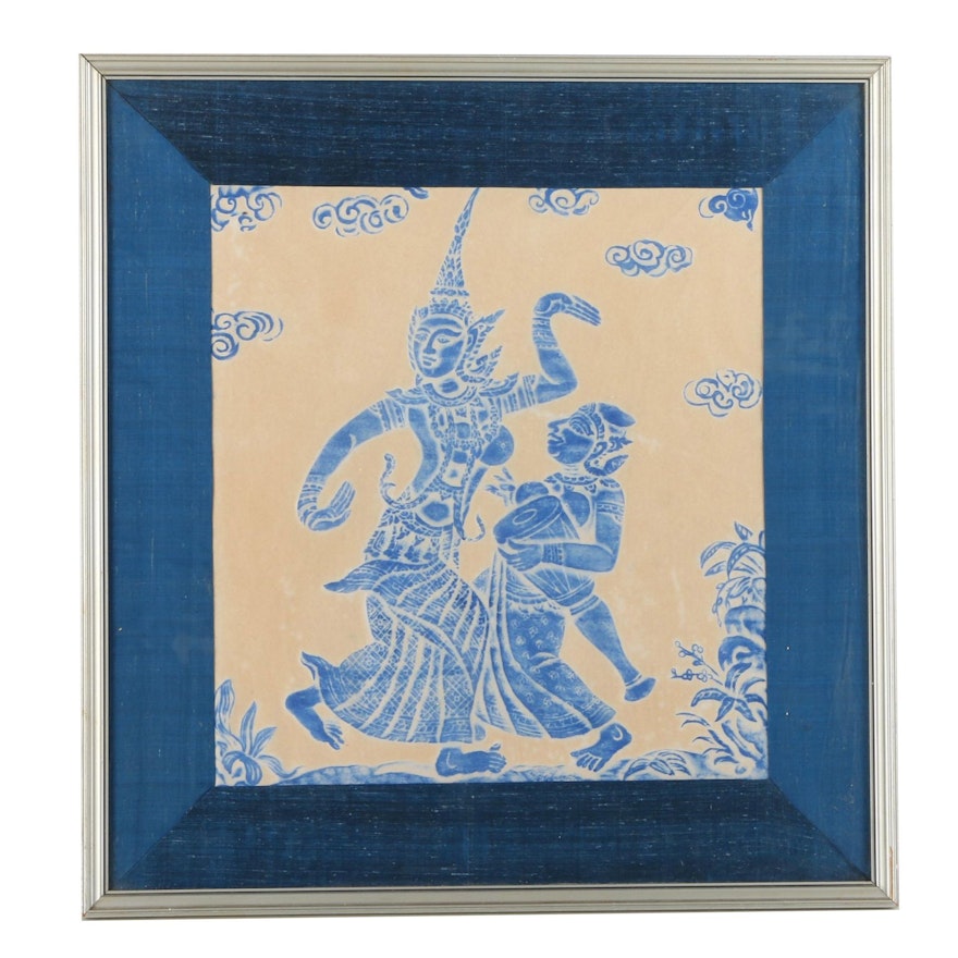 Southeast Asian Stone Rubbing on Paper of Dancing Female Figures