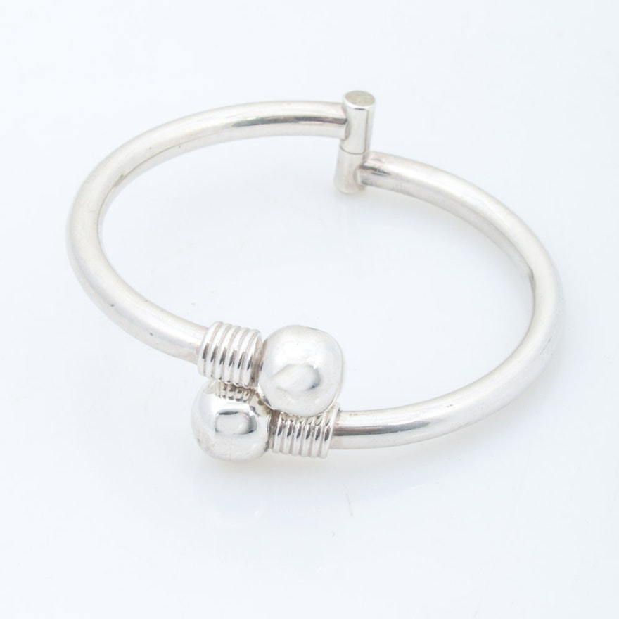 Sterling Silver Double Ball Clasp Hinged Bangle