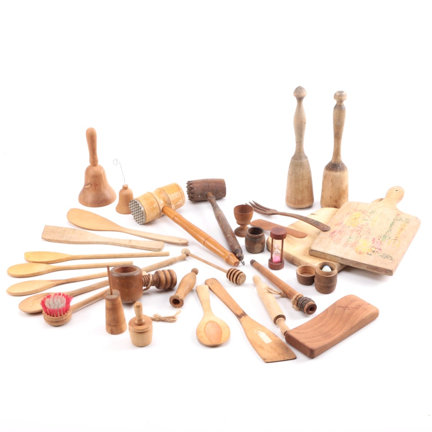 Collection of Wooden Kitchen Tools and Decor