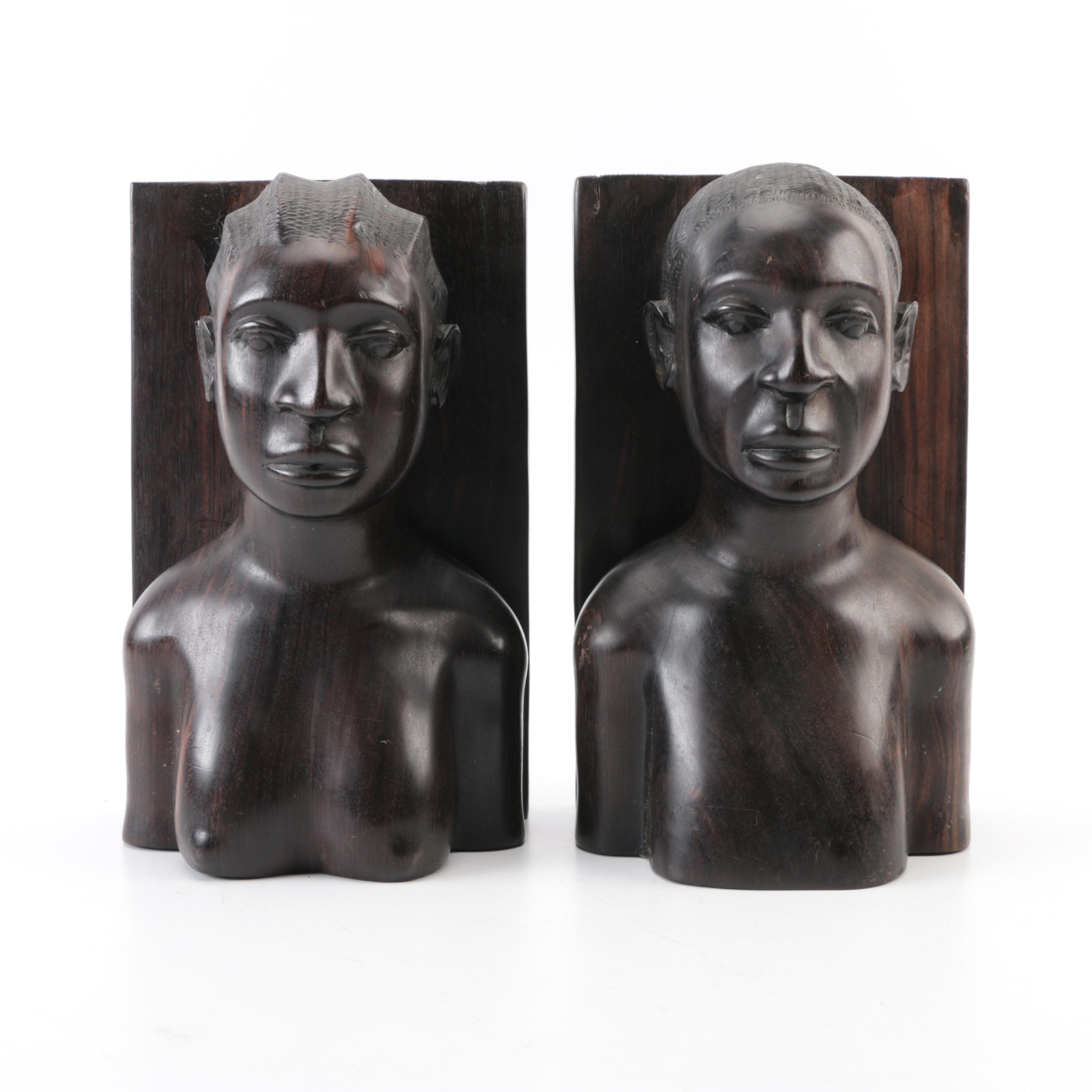 Pair of African Carved Wood Book Ends