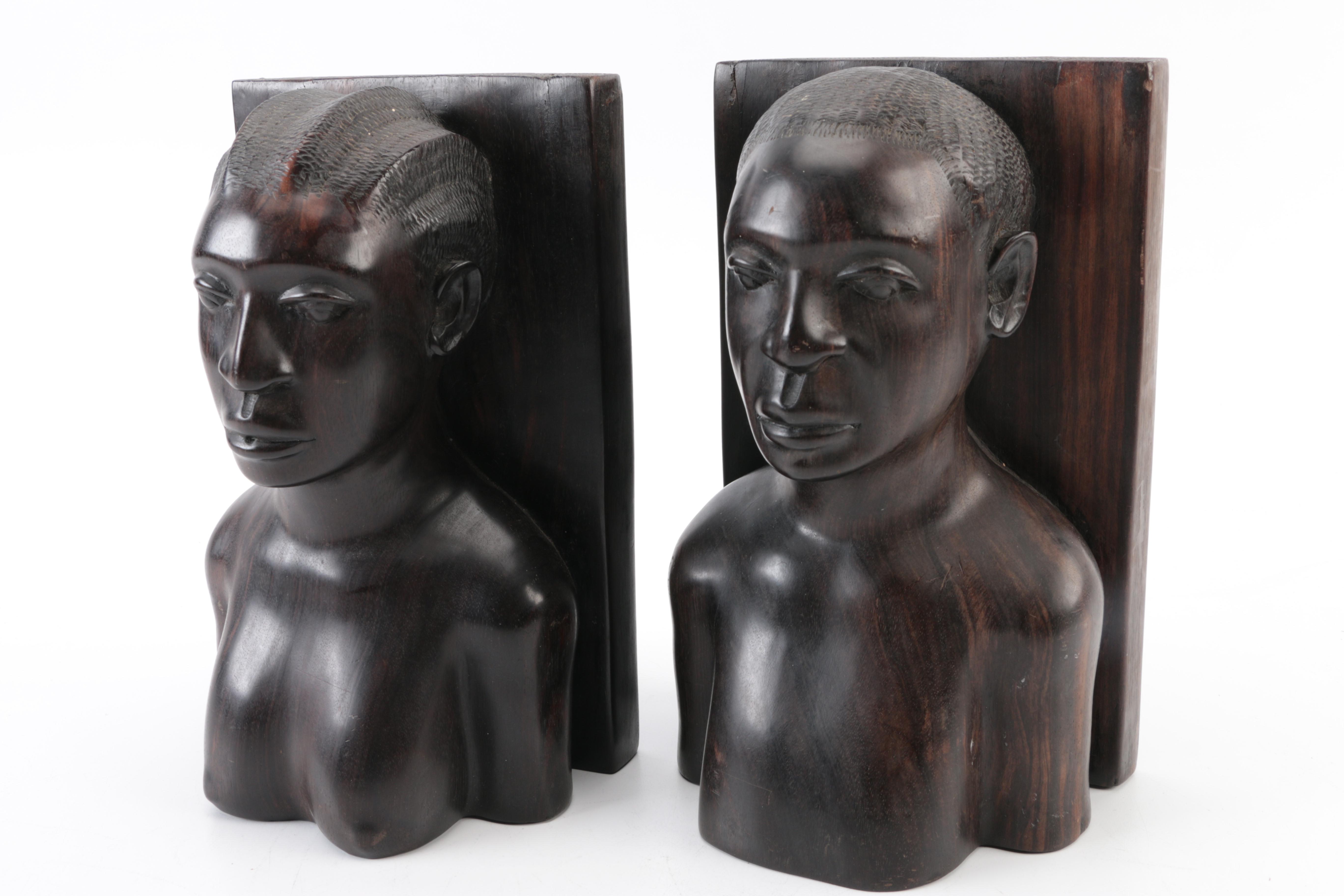 Pair of African Carved Wood Book Ends