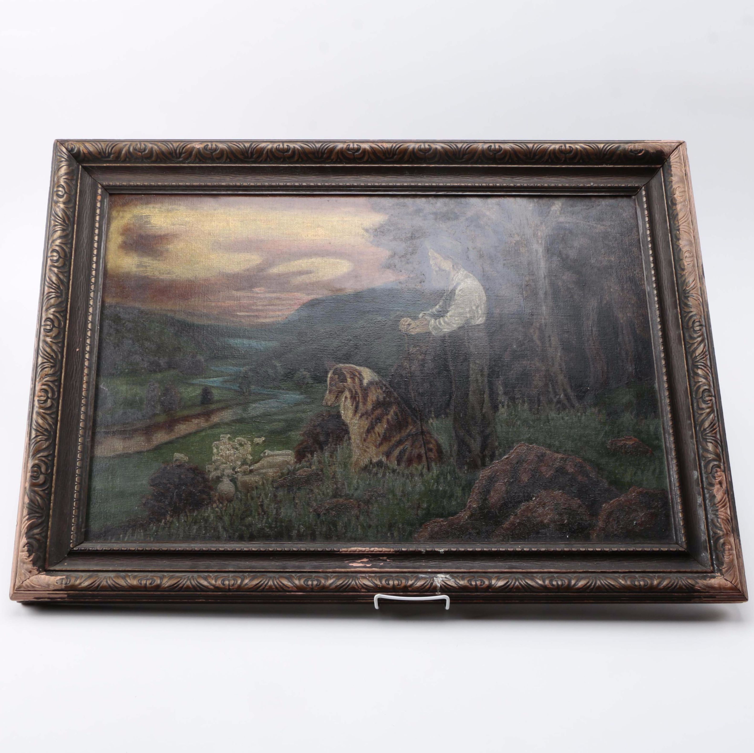 Oil Painting on Canvas of Shepherd Overlooking Flock