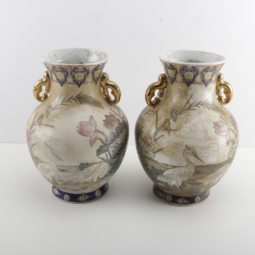 Two Chinese Hand-Painted Nature Scene Ceramic Urns
