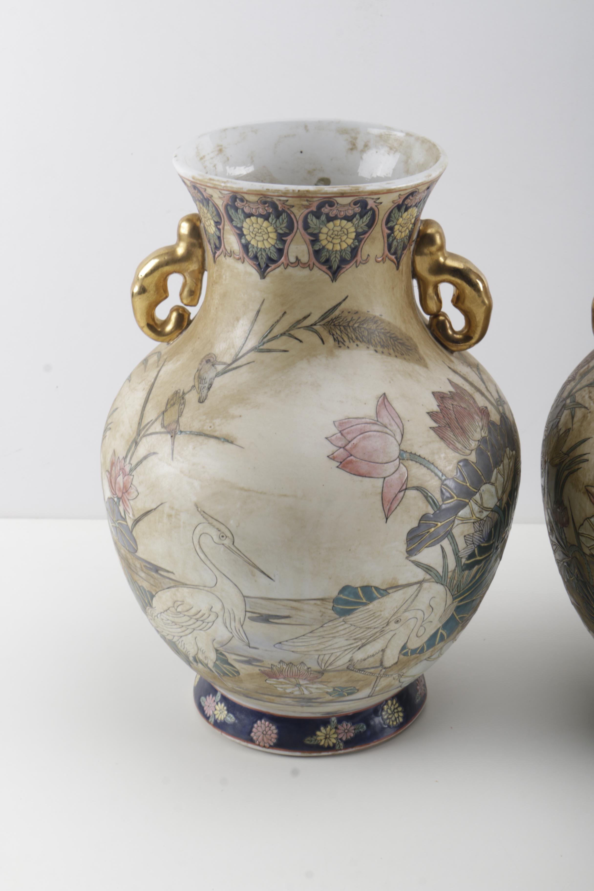 Two Chinese Hand-Painted Nature Scene Ceramic Urns