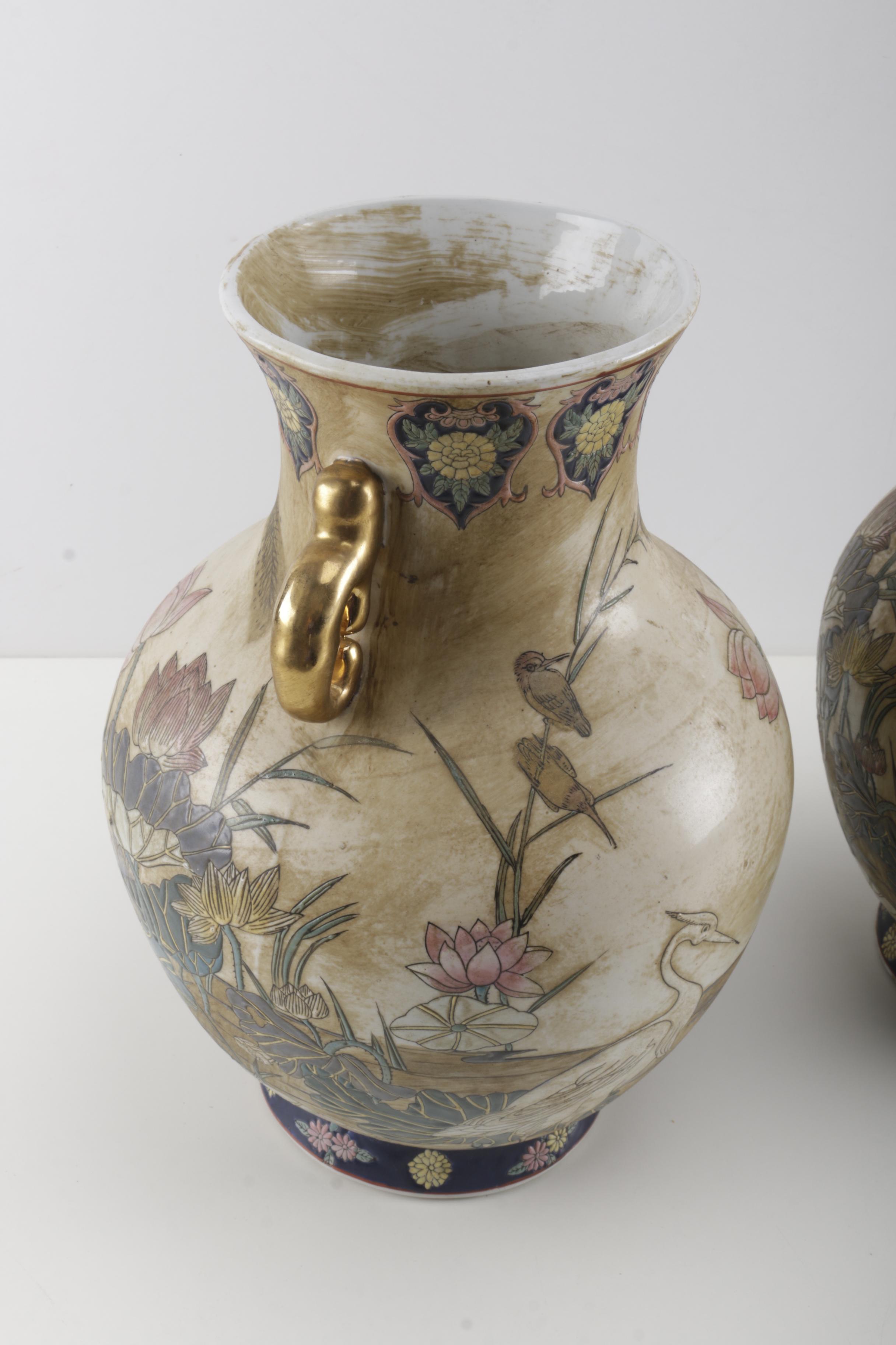 Two Chinese Hand-Painted Nature Scene Ceramic Urns