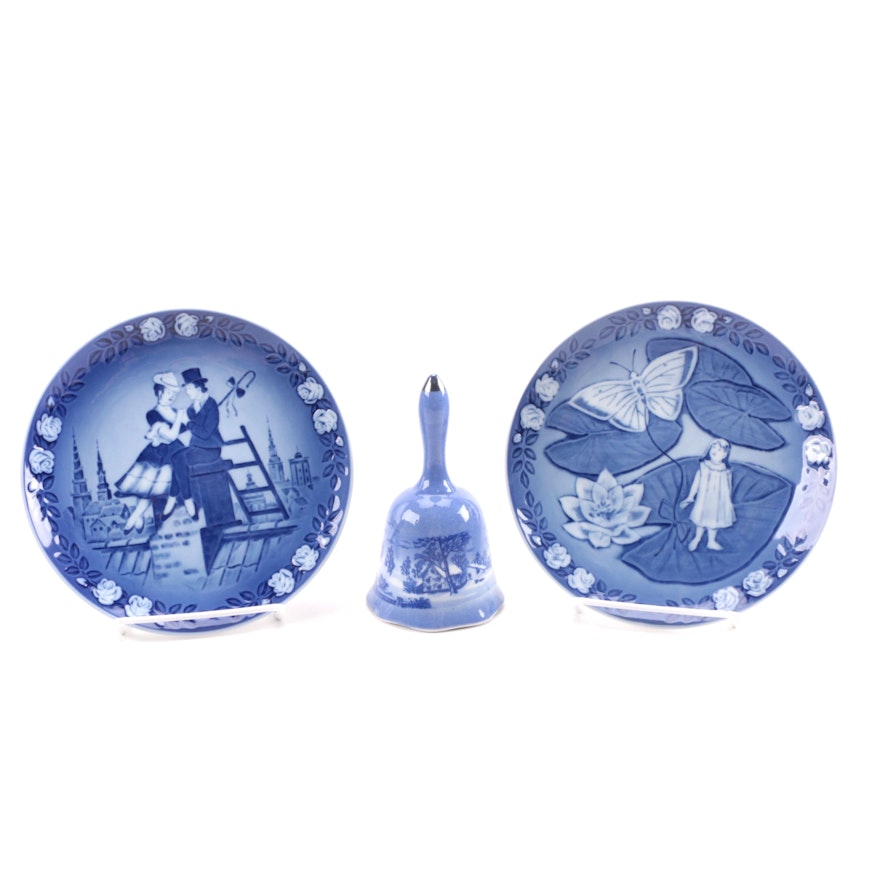 Royal Copenhagen Blue Porcelain Decorative Plates and Bell