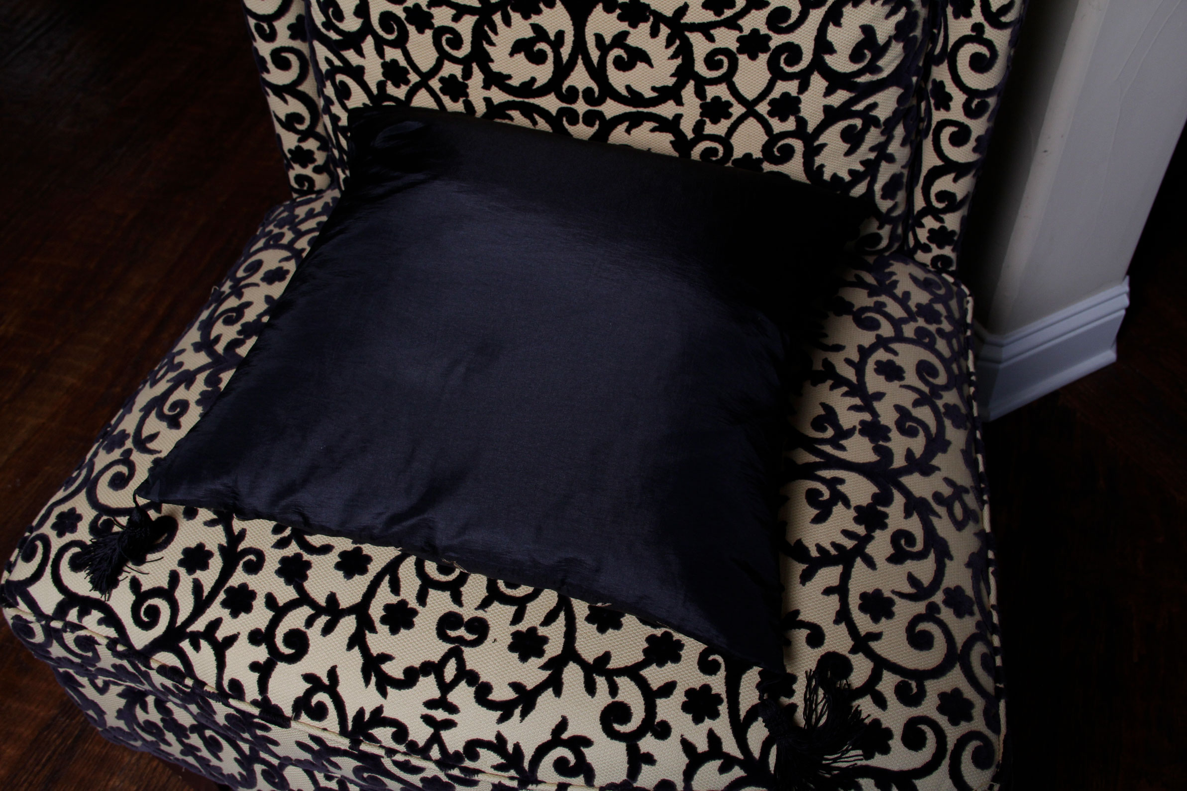 Light Gold Slipper Chair with Black Chenille Accents