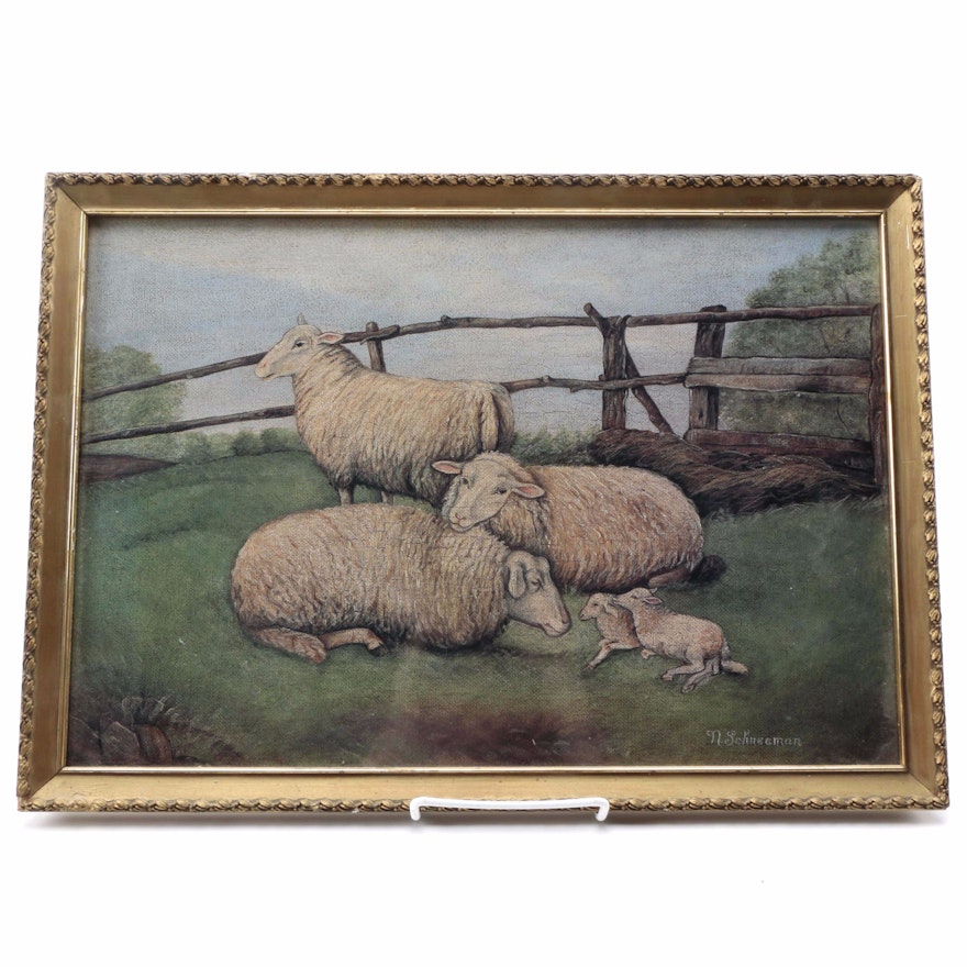 N. Schneeman Offset Lithograph on Paper of Sheep