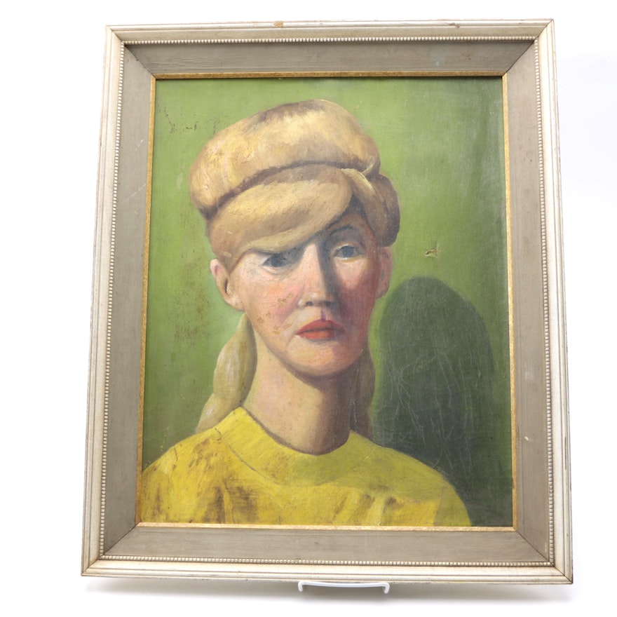 Mid-Century Oil Painting on Canvas Board of Woman in Yellow