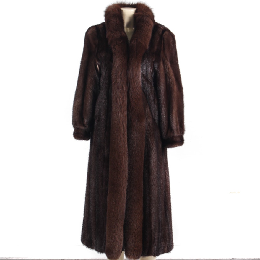 Mahogany Mink Fur Coat with Fox Trim by Vincents