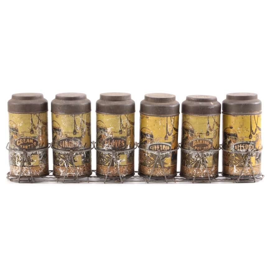 Antique Spice Canisters With Rack