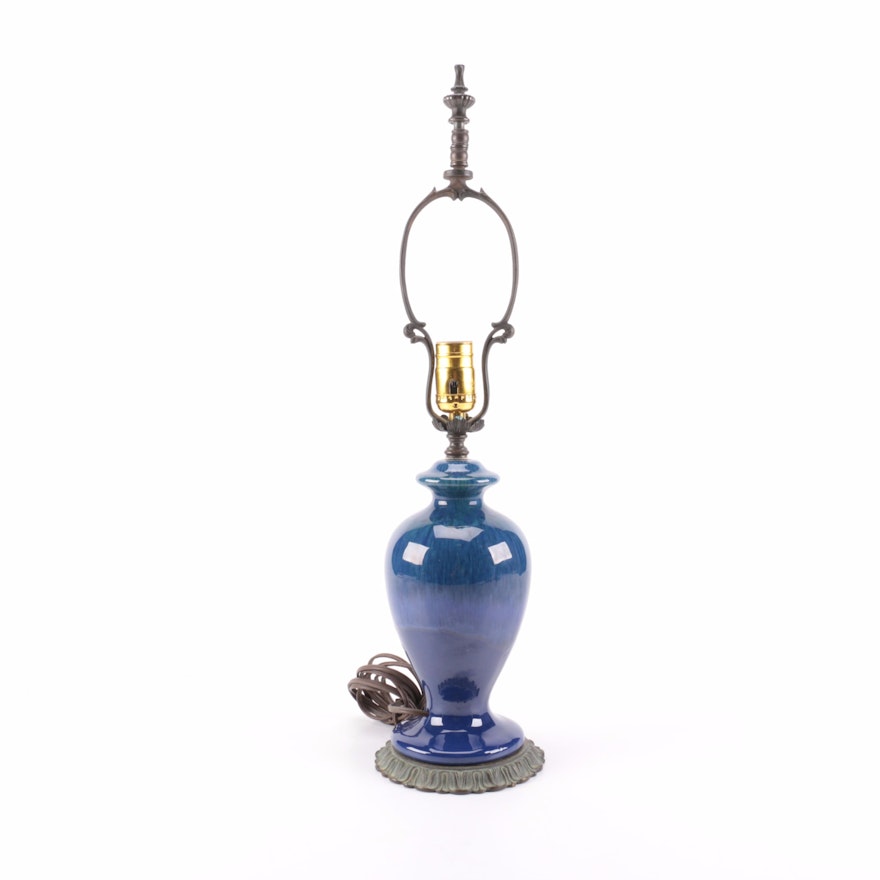 Blue Ceramic and Bronze Tone Metal Table Lamp