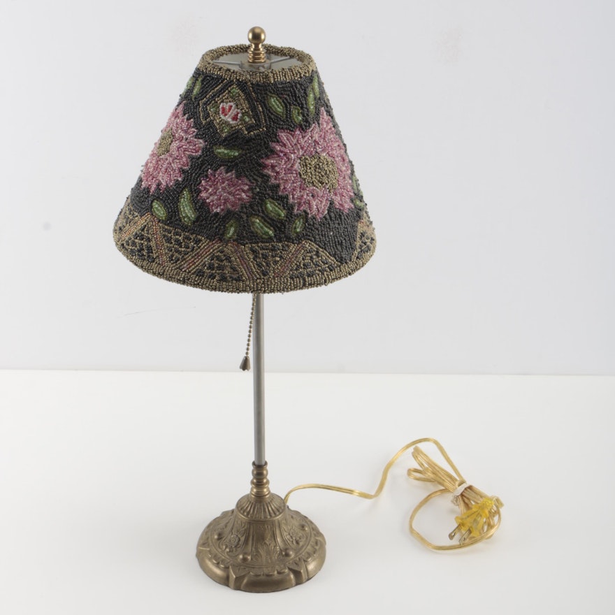 Metal  Pole Lamp With Cloth and Beaded Shade