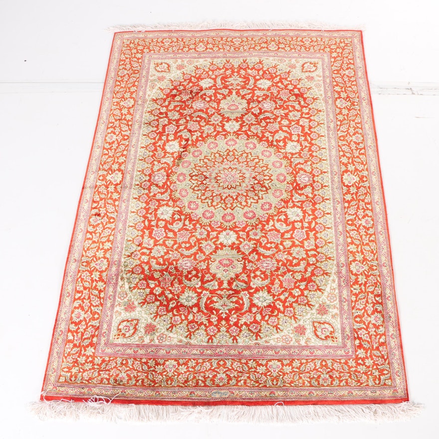 Signed Hand-Knotted Pak-Persian Qom Area Rug