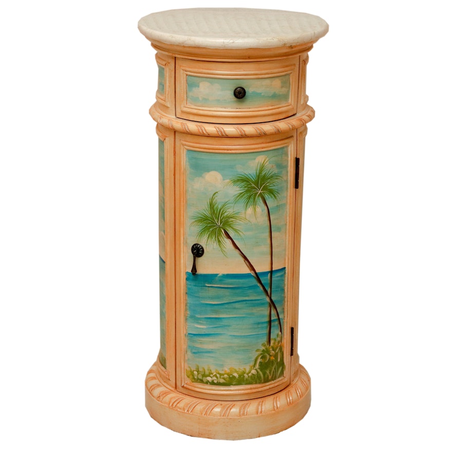 Hand-Painted Pedestal Stand with Marble Top