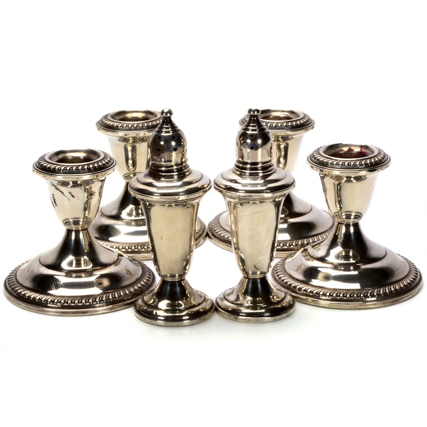 Empire Weighted Sterling Silver Candlesticks and Shakers