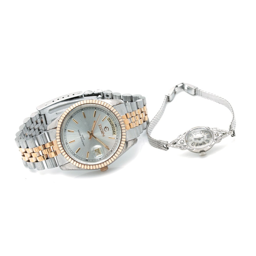 Elgin Two-Tone Wristwatch and Vintage Bulova 10K White Rolled Gold Plated Diamond Accented Wristwatch