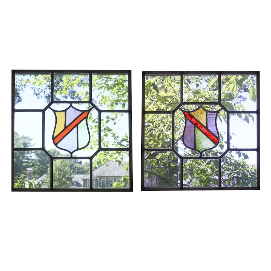 Pair of Crest Stained Glass Panels