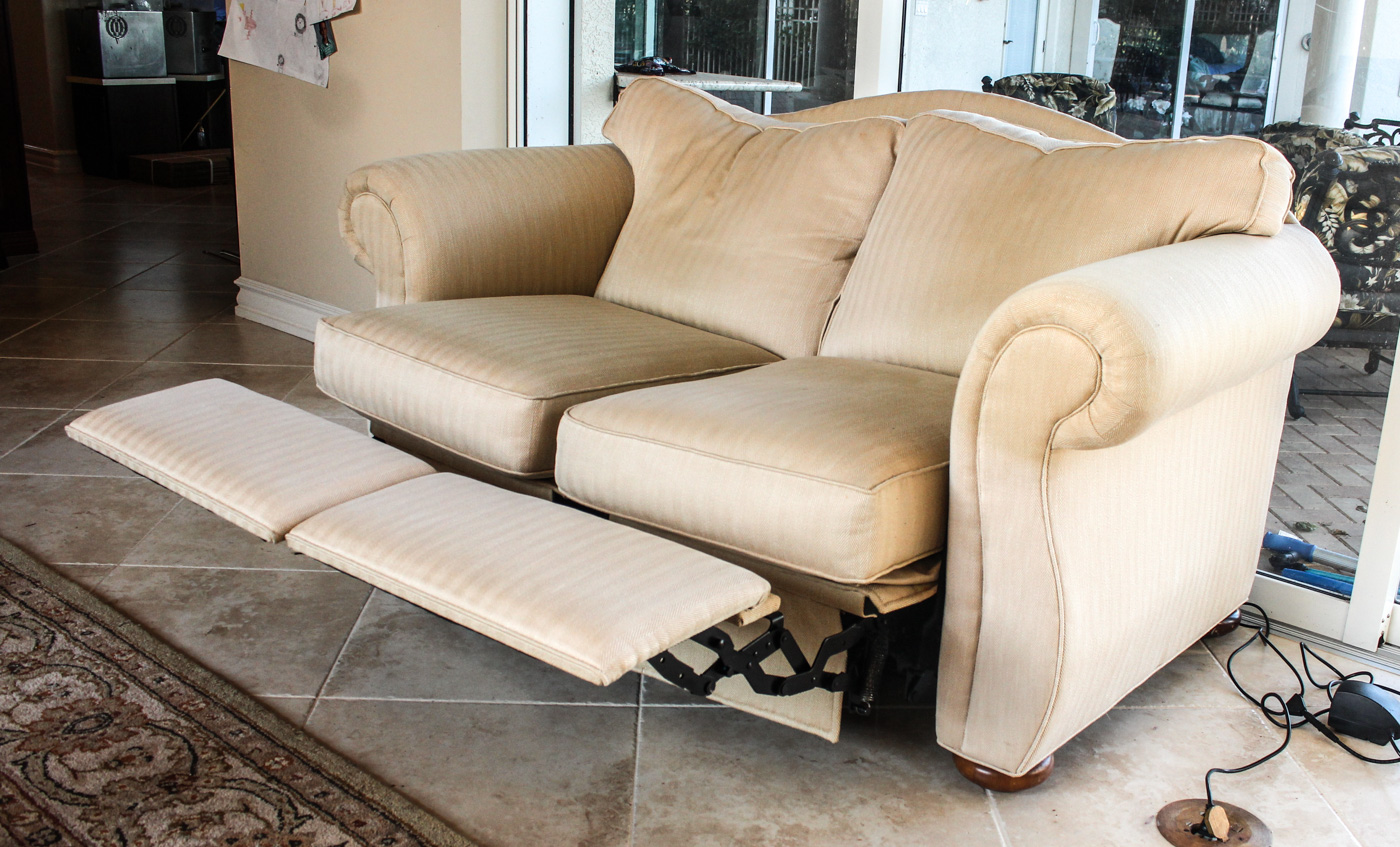 MotionCraft Reclining Loveseat Upholstered in Cream Herringbone