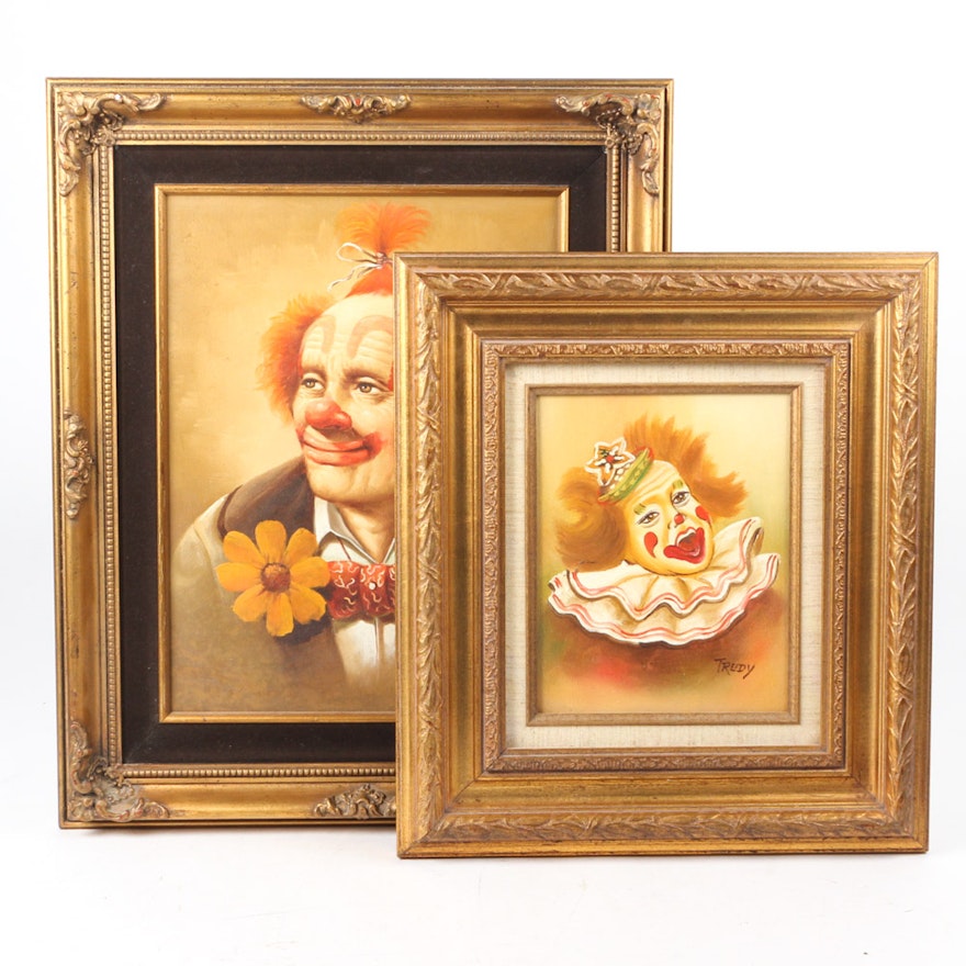 Pair of Oil on Canvas Paintings of Clowns