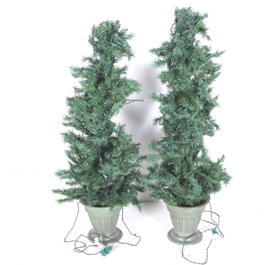 Pair of Lighted Faux Christmas Trees