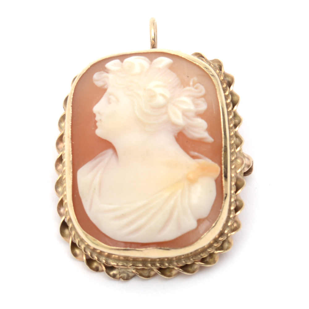 Vintage 14K Yellow Gold and Carved Shell Cameo Pendant Brooch
