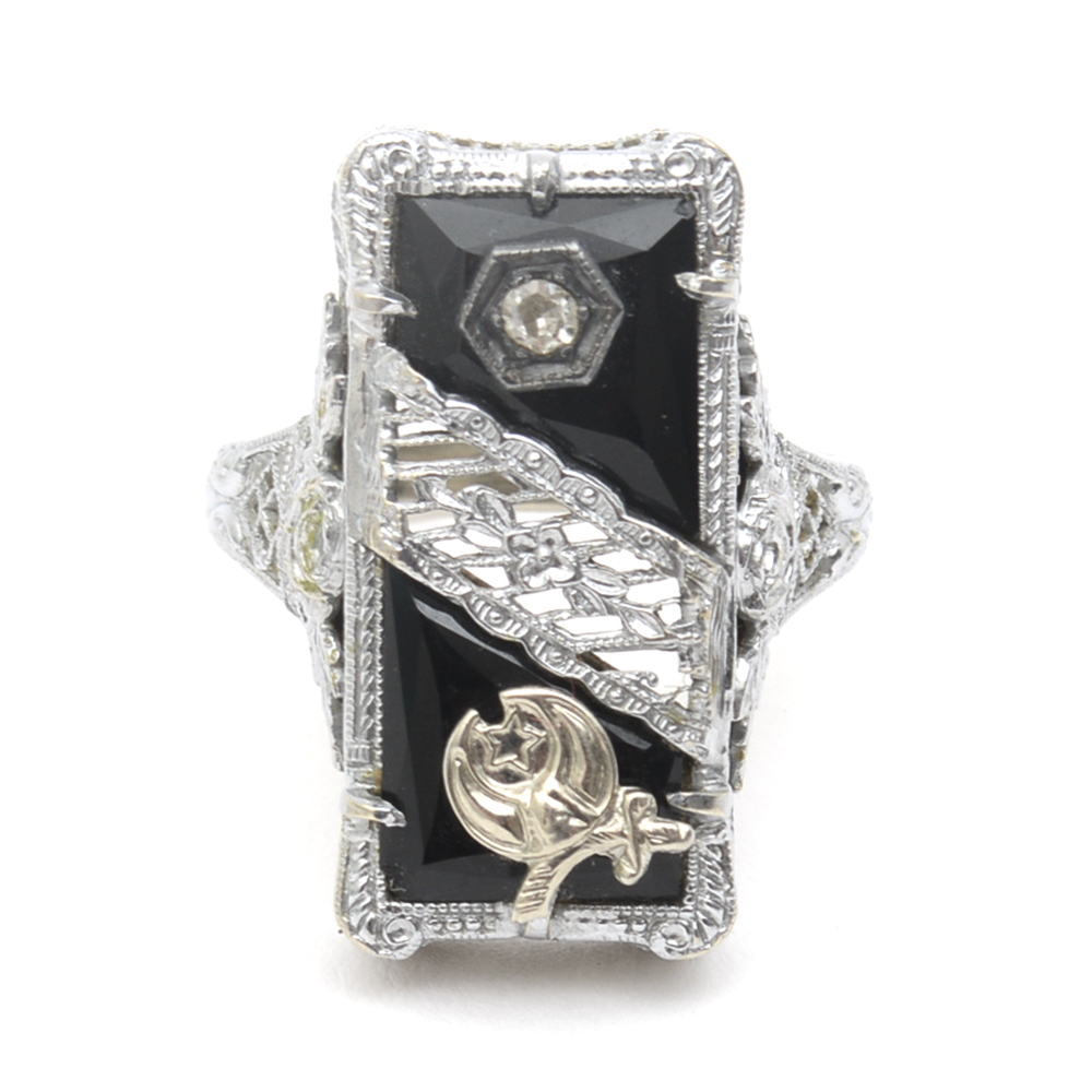 Antique Shriners International 14K White Gold, Onyx and Diamond Filigree Signet Ring