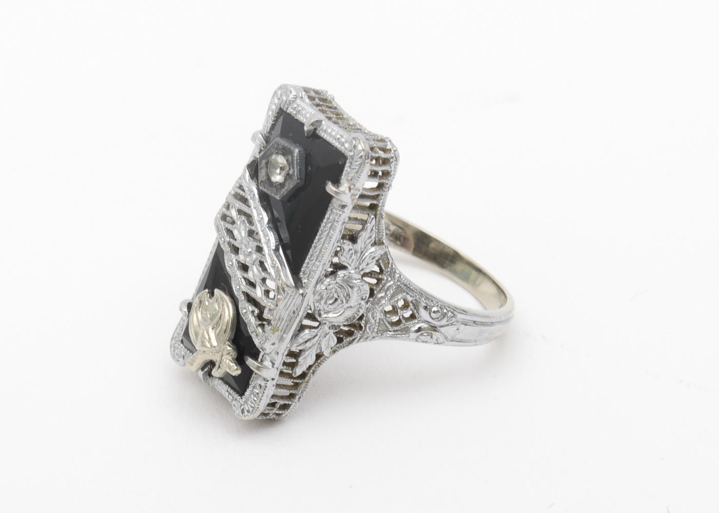 Antique Shriners International 14K White Gold, Onyx and Diamond Filigree Signet Ring