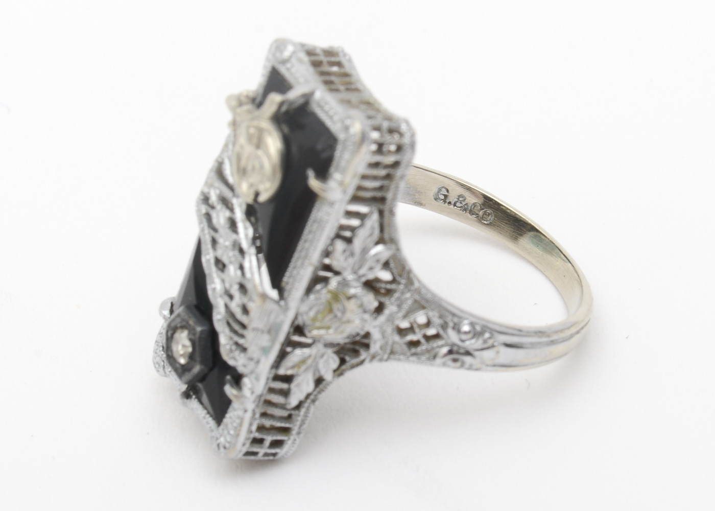 Antique Shriners International 14K White Gold, Onyx and Diamond Filigree Signet Ring