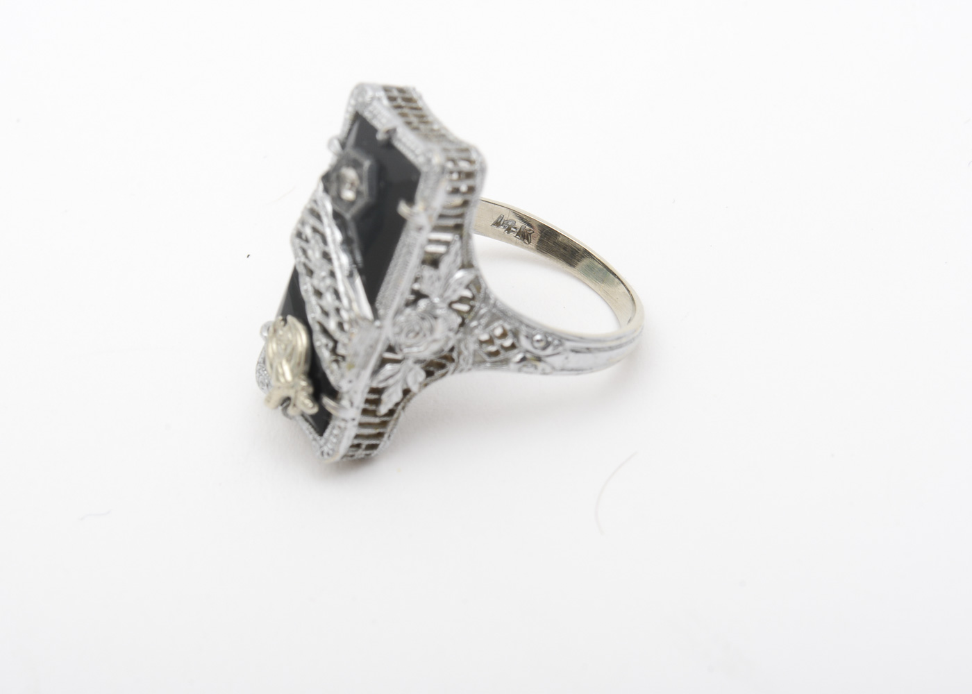 Antique Shriners International 14K White Gold, Onyx and Diamond Filigree Signet Ring