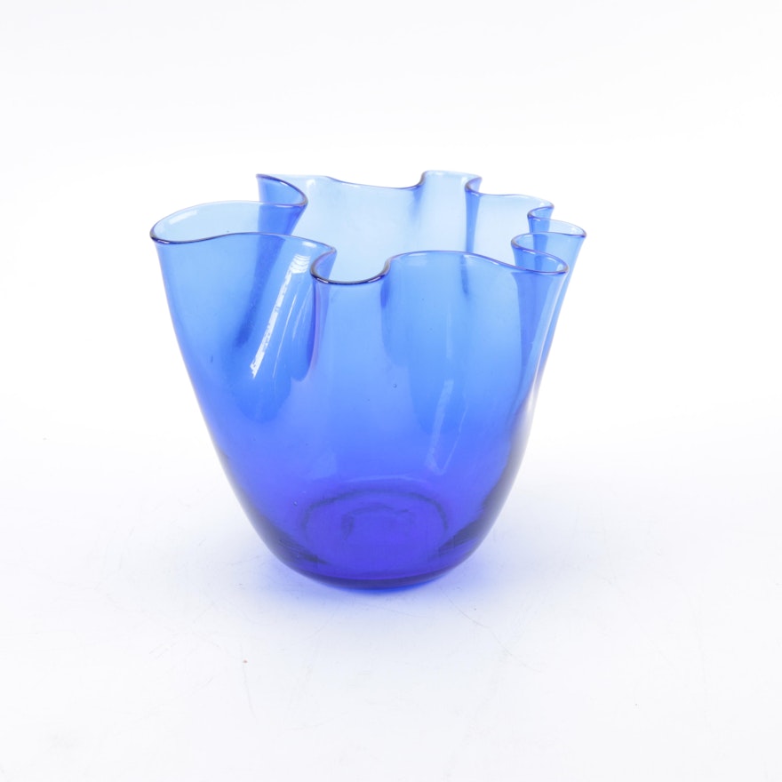 Handblown Scalloped Blue Glass Vase