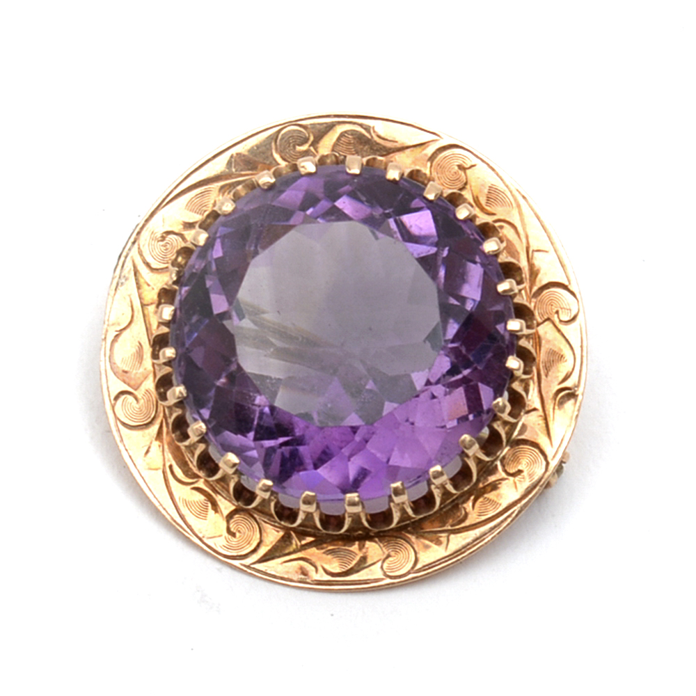 Vintage 14K Yellow Gold and 10.90 CTS Amethyst Brooch
