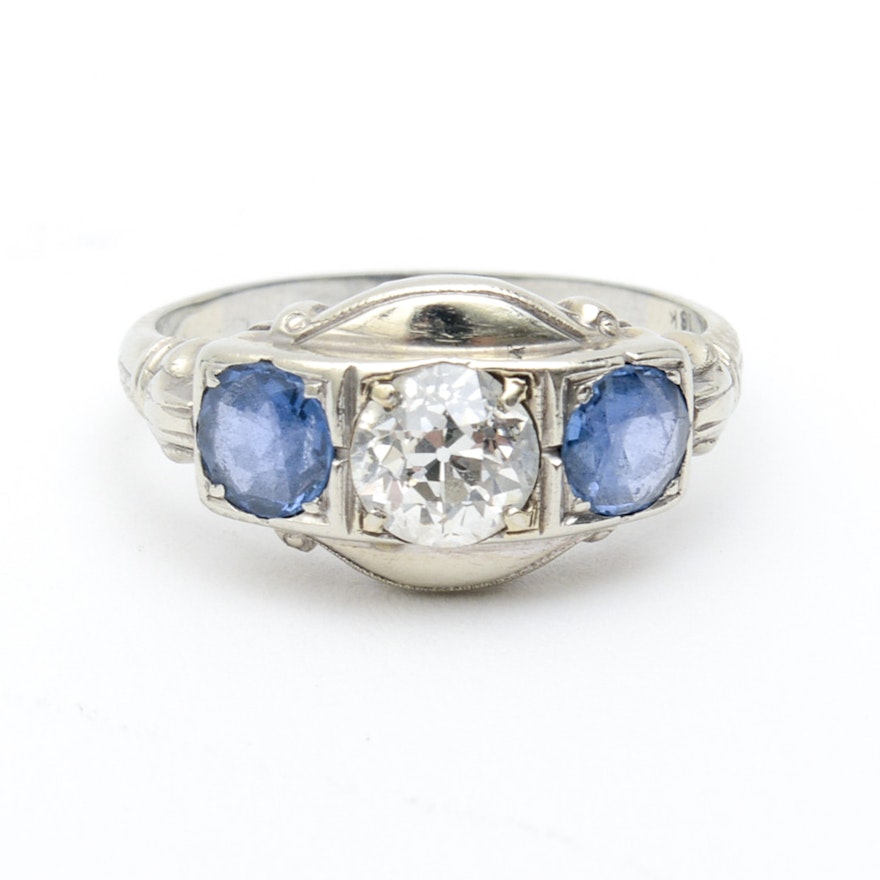 Art Deco 18K White Gold, Old European Cut Diamond, and Sapphire Engagement Ring