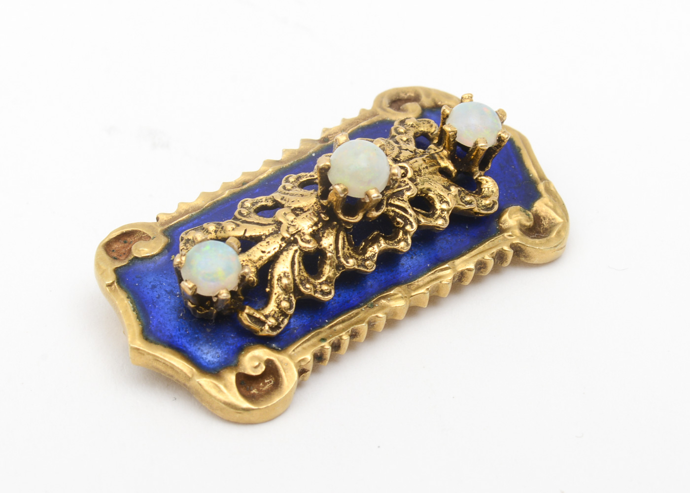 Vintage 14K Yellow Gold, Opal, and Blue Enamel Bar Brooch