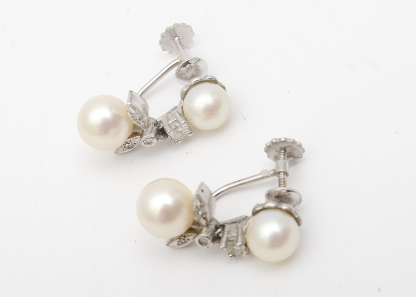 Vintage 14K White Gold, Cultured Pearl, and Diamond Screw Back Earrings
