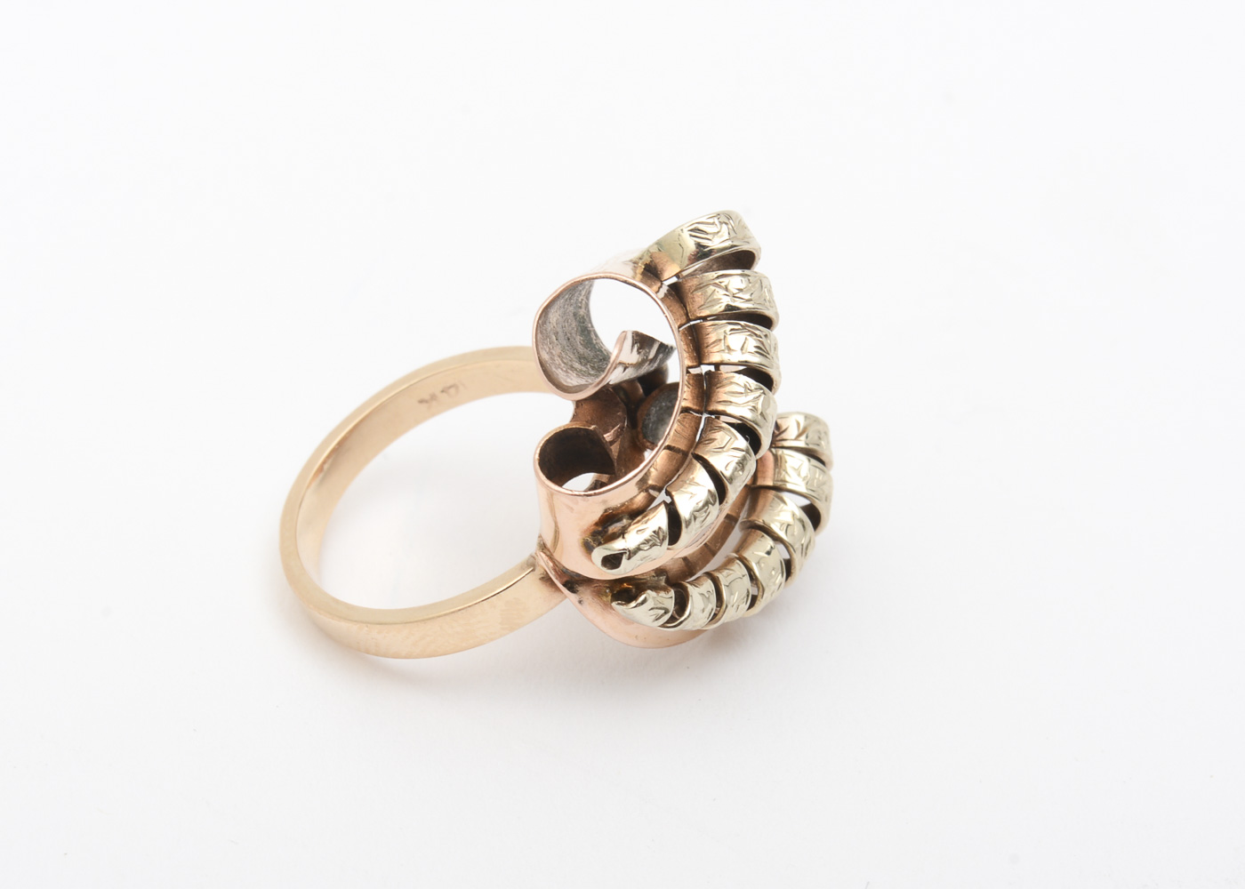 Retro 14K Rose and Yellow Gold Spiraled Bypass Ring
