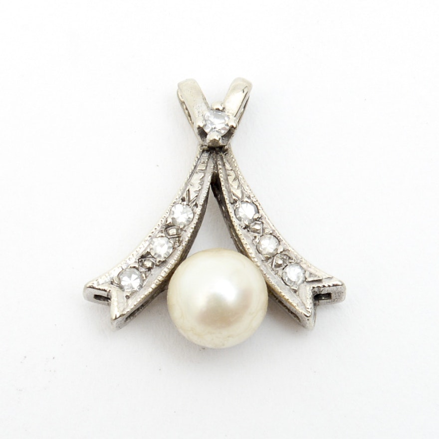 14K White Gold, Cultured Pearl, and Diamond Pendant