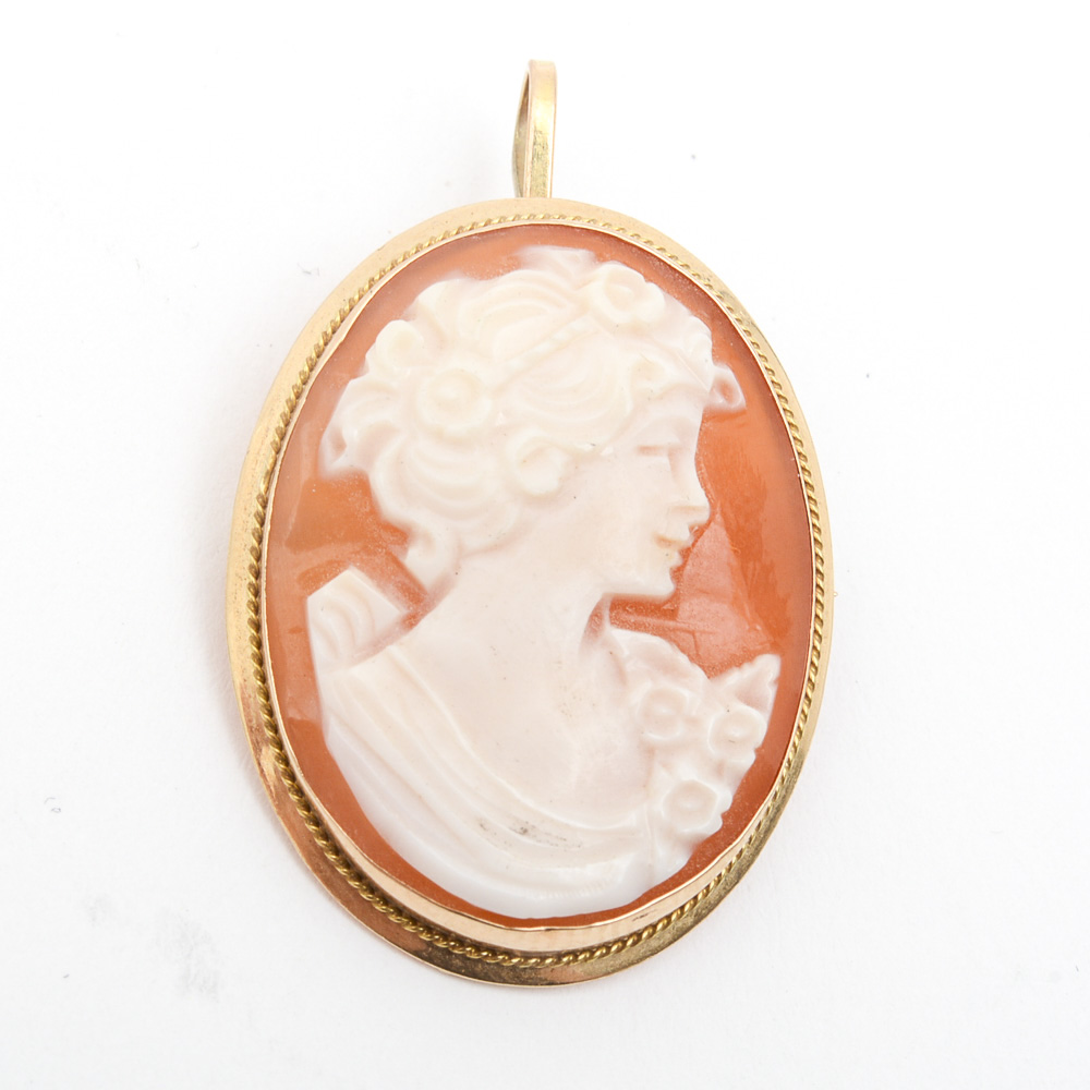Vintage 14K Yellow Gold and Carved Shell Cameo Pendant Brooch